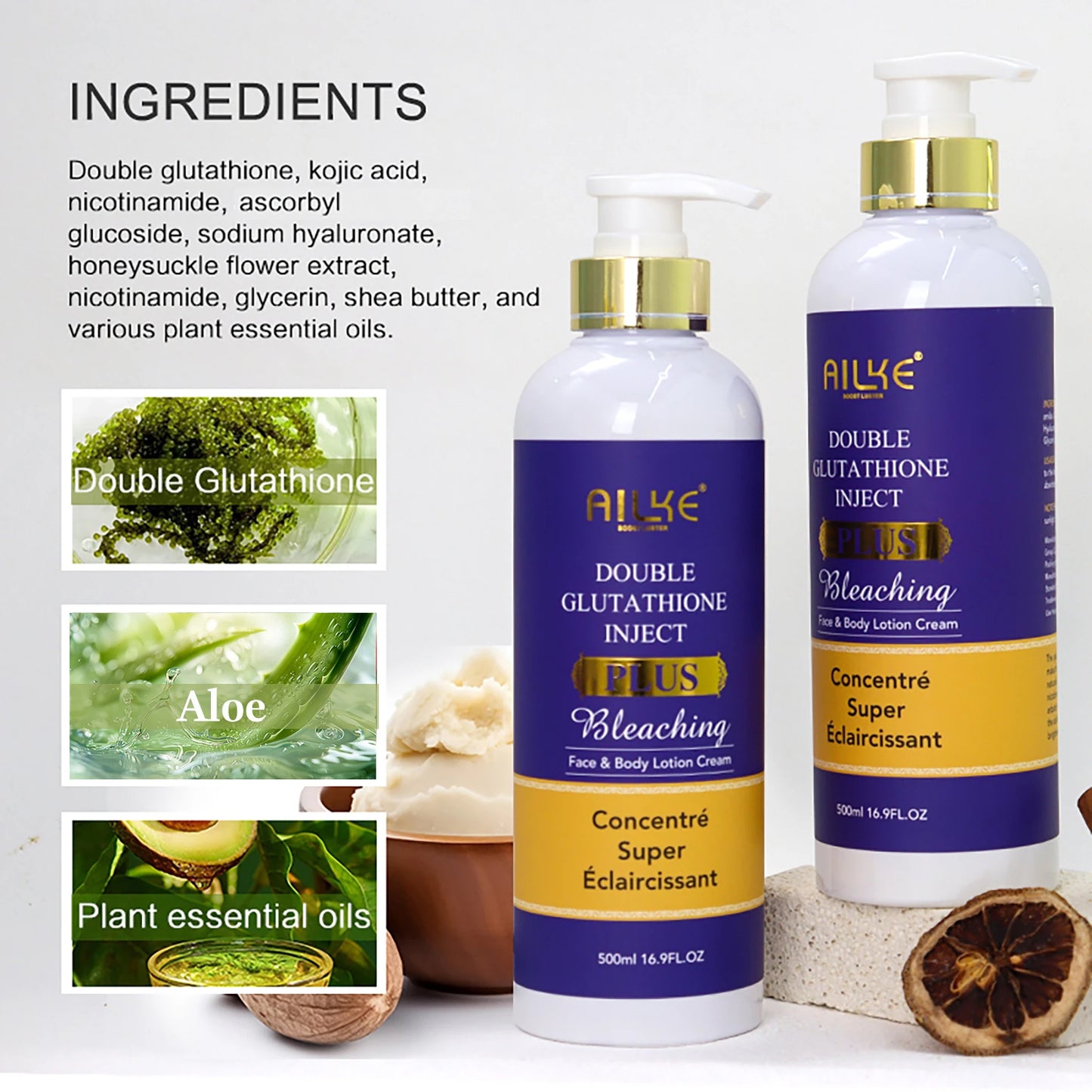 AILKE Glutathion Lighten Body Lotion, feuchtigkeitsspendend, feuchtigkeitsspendend, gleichmäßiger Hautton, verbessert dunkle und schwarze Haut, unterstützt privates Logo