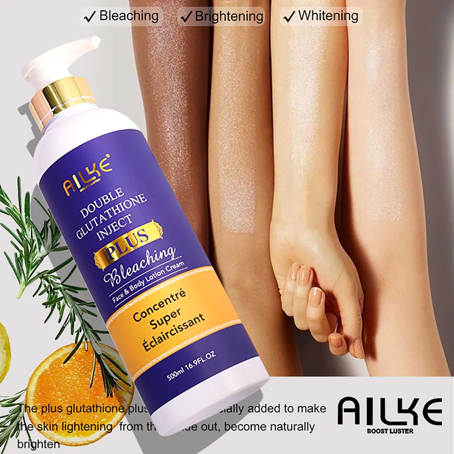 AILKE Glutathion Lighten Body Lotion, feuchtigkeitsspendend, feuchtigkeitsspendend, gleichmäßiger Hautton, verbessert dunkle und schwarze Haut, unterstützt privates Logo